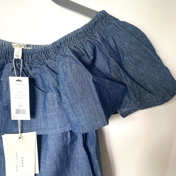 Joie Off the Shoulder Mini Dress XS Blue Chambray Cotton Lyocell Nilima Summer - Picture 5 of 9